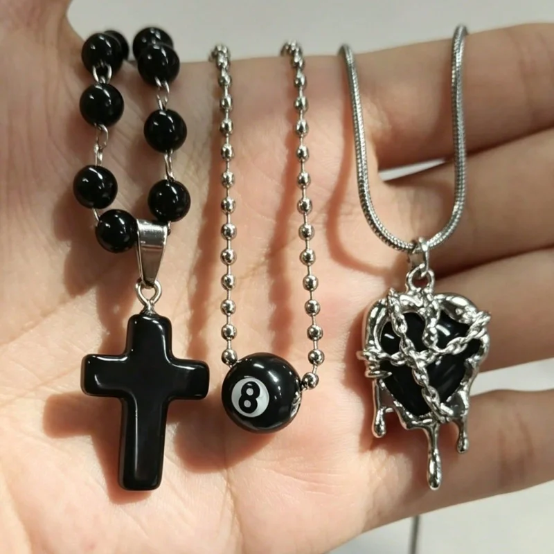 3 pieces of Y2K black bead cross, 8 ball fused chain heart-shaped pendant necklace set, silver snake ball chain stacked jewelry
