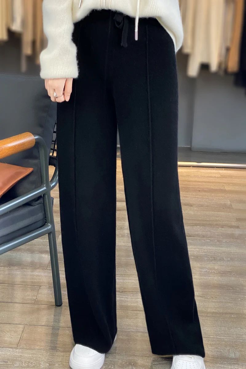 Pantalon de vadrouille en laine taille haute pour femme, pantalon décontracté à jambes larges, pantalon en laine tricoté à suspendre, automne et