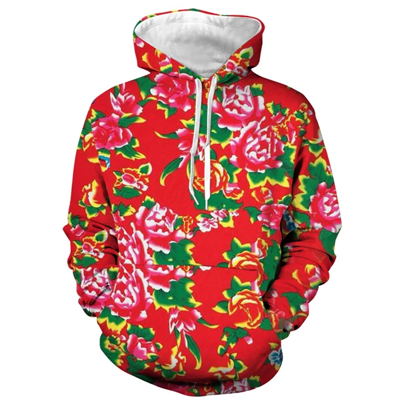 Men\'s 3d Print Floral Hooded Sweatshirt Chinese DongBei Style Flowers Graphic Hoodie Long Sleeves Pullovers Tops Women Clothes