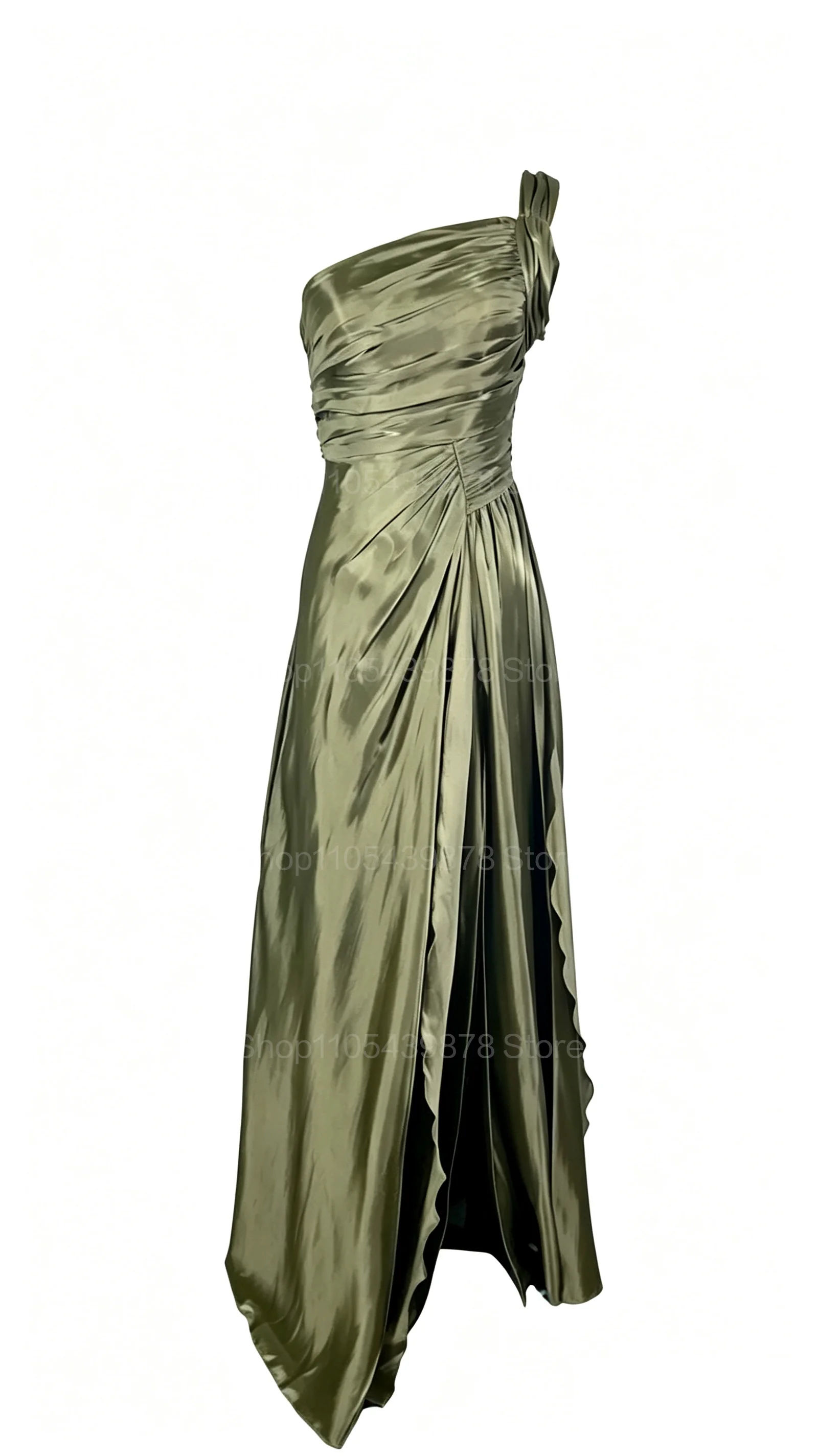 Vestido de Noche Elegante Verde Oliva para Mujer, de un Solo Hombro, con Cintura Fruncida, Abertura Lateral, Cola de Satén, Estilo Dubái, para Boda, Fiesta de Graduación, Formal, Maxi Vestido