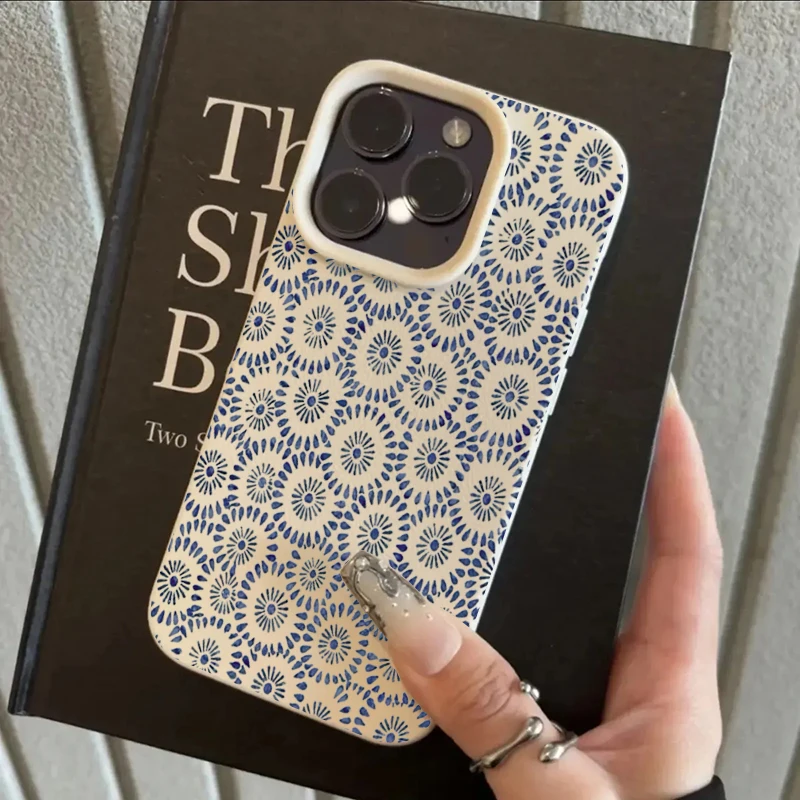 Blue Floral Pattern Lychee Texture Phone Case For iPhone 17 16 15 14 13 12 11 Pro Max 17 Air 15 14 Plus X XS XR 16E Soft Cover