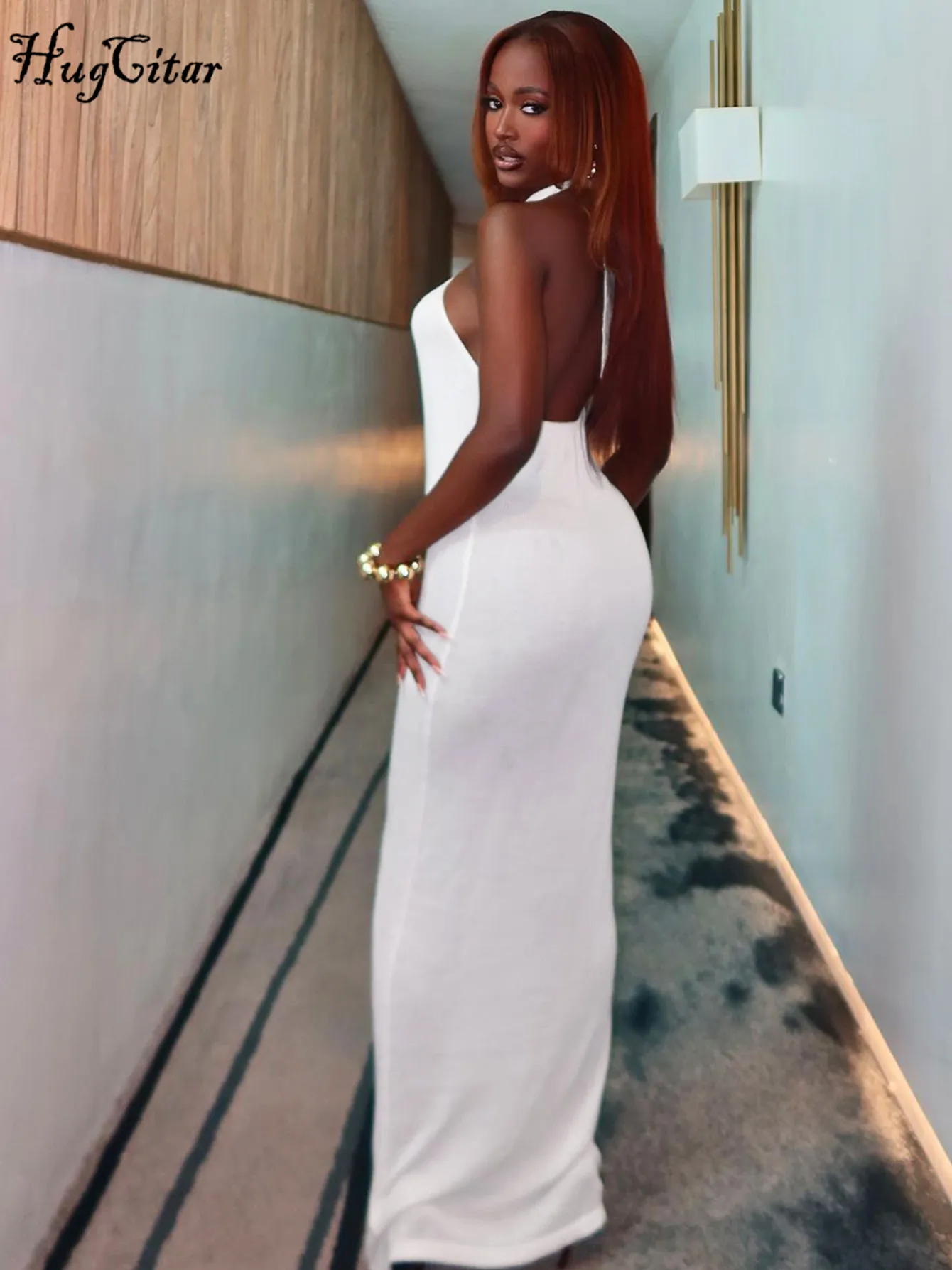 Hugcitar 2025 موضة الرسن الجوف خارج مثير عارية الذراعين ضمادة الصلبة سليم فستان ماكسي الصيف النساء Y2K ملابس الحفلات النادي الليلي