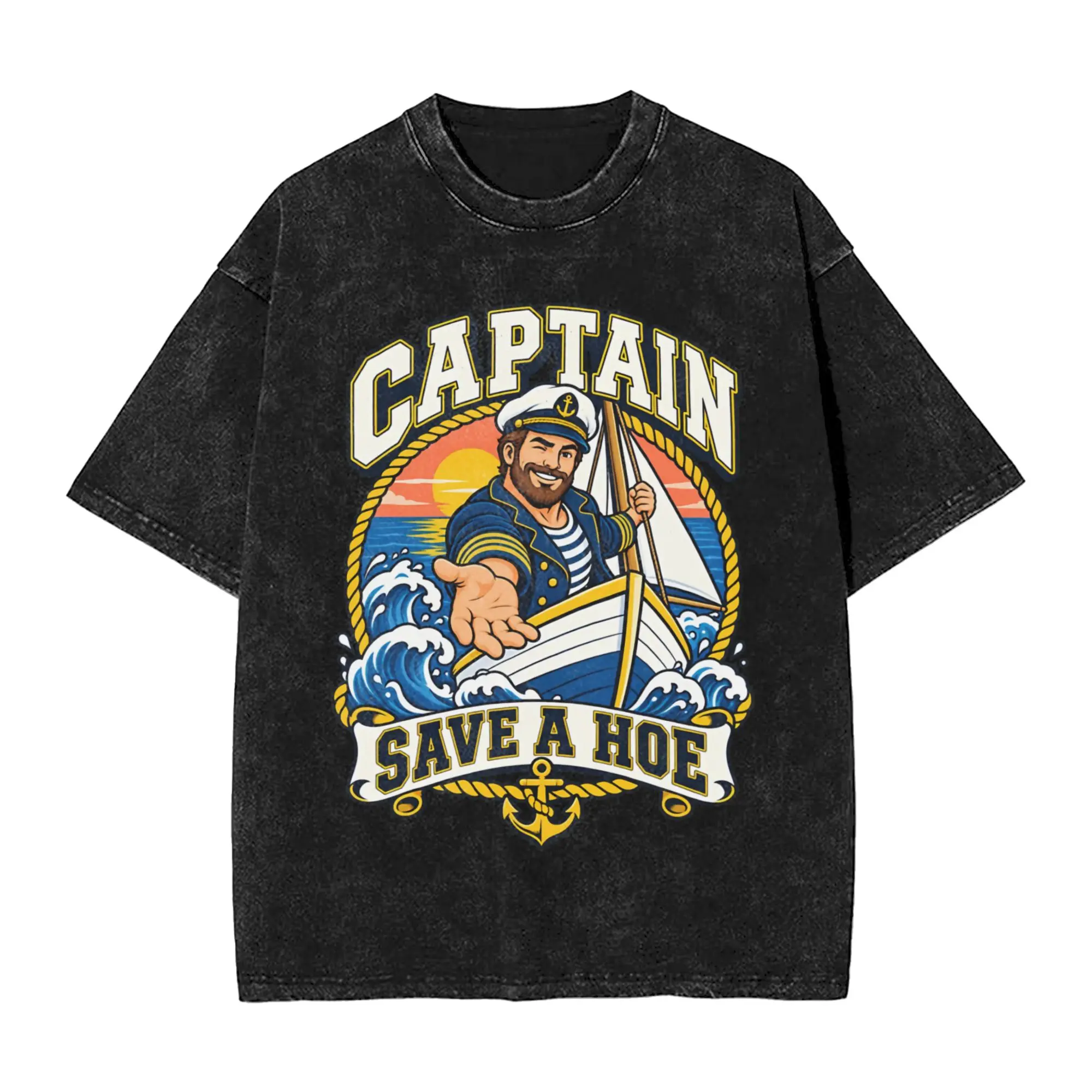Captain Save a Hoe Sailor Rescue  T Shirt Hip Hop Washed Cotton Harajuku T-Shirt  Vintage Men Women Streetwear Summer Tees