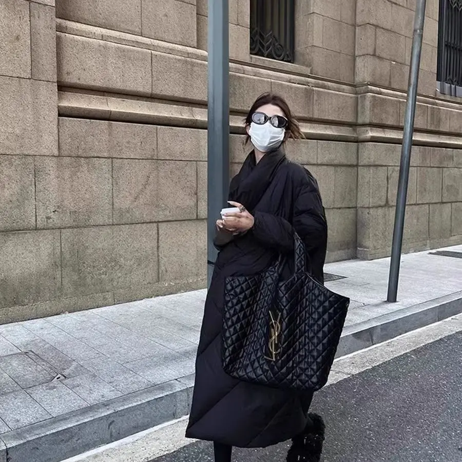 黒キルティングダウンコート女性の冬の韓国スタイルルーズロング肥厚小型スタンドカラー 90 ホワイトダックダウン