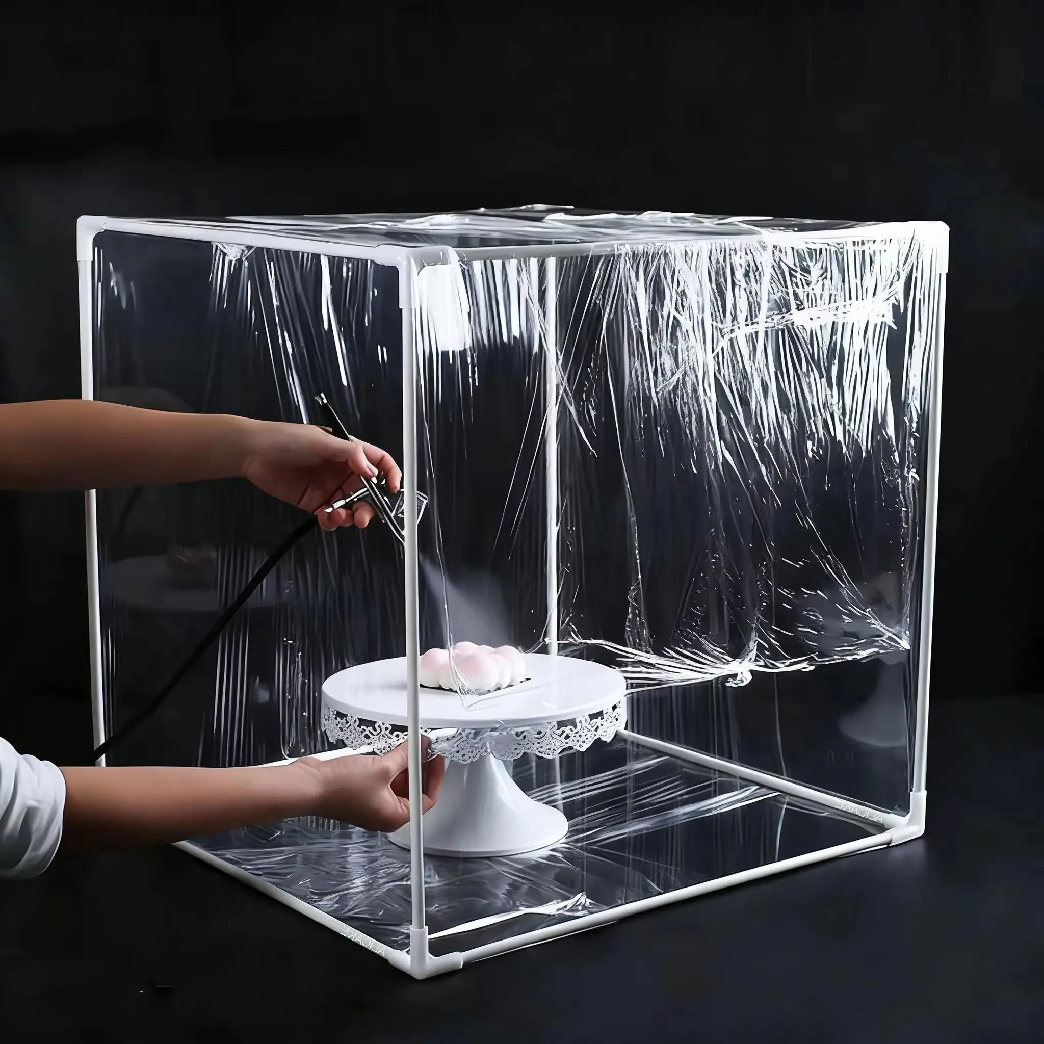 Juego de soporte de cubierta antiniebla para hornear y manualidades: cubiertas antipolvo/resalpicaduras/mousse de 50 × 50 cm, tapa antiniebla para pistola de chocolate, fácil instalación