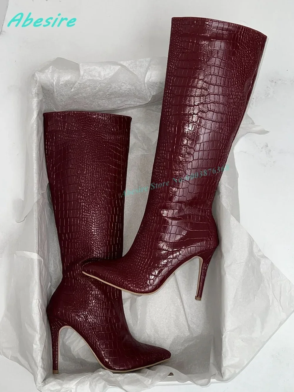 Retro Sexy Daily Party Shoes Pointed Toe Stiletto Heel Side-Zipper Women's Boots Burgundy Crocodile Pattern Knee High Boots