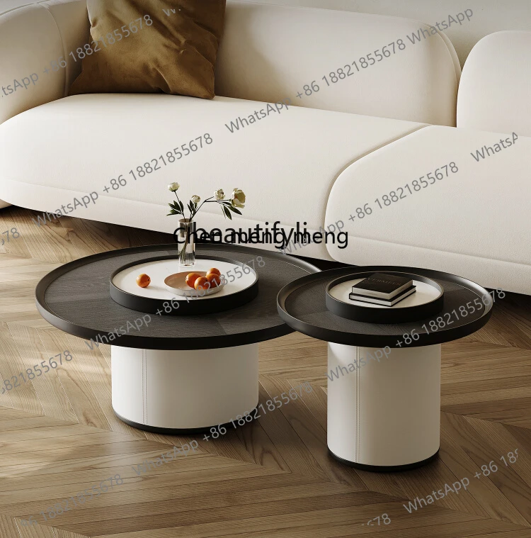 Hot sales  Italian minimalist solid wood coffee table combination round smoked veneer saddle leather living room home