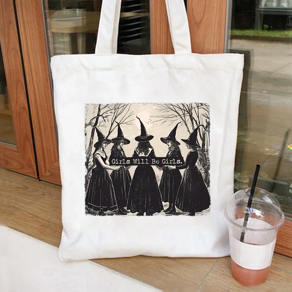 

Vintage Girls Will Be Girls Witch Tote Bag Funny Witch Women Handbag Halloween Women Vintage Travel Bags Witchy Vibes Tote Bag