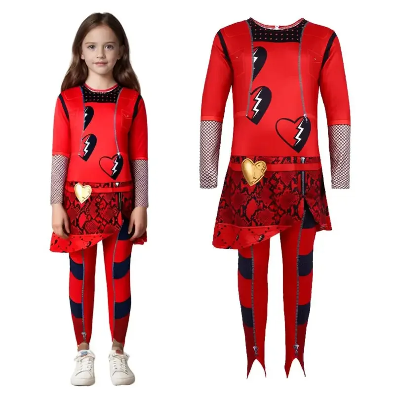 

Movie D-Descendants 4 The Rise of Red Cosplay Costume for Girls Halloween Disguise Party The Same Red Bodysuit Suit and Wig