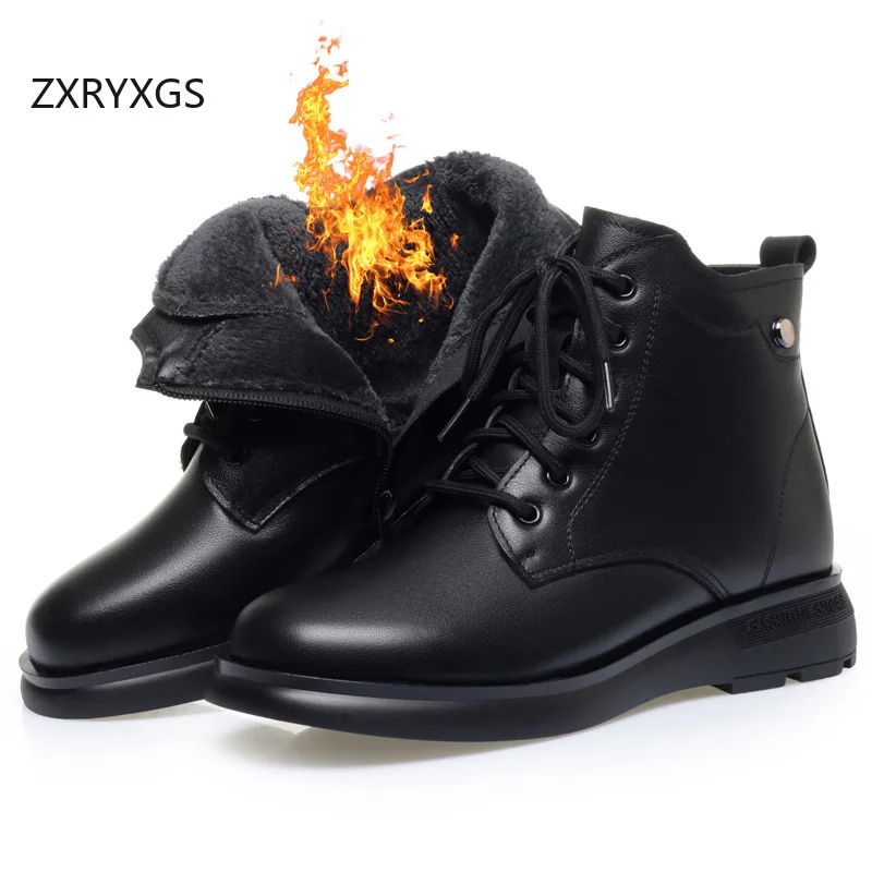 ZXRYXGS 2026 Autumn Winter Cross Strap Side Zip Women's Boots Wedges Comfort Cowhide Plush / Wool Boots Snow Boots Trend Shoes