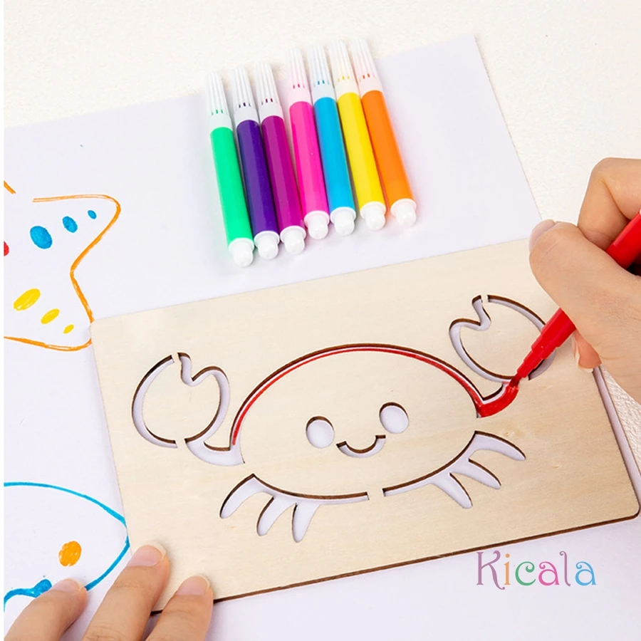 Diy montessori criança desenho livro para colorir conjunto pintura estênceis modelo artesanato de madeira quebra-cabeça educacional presente das crianças