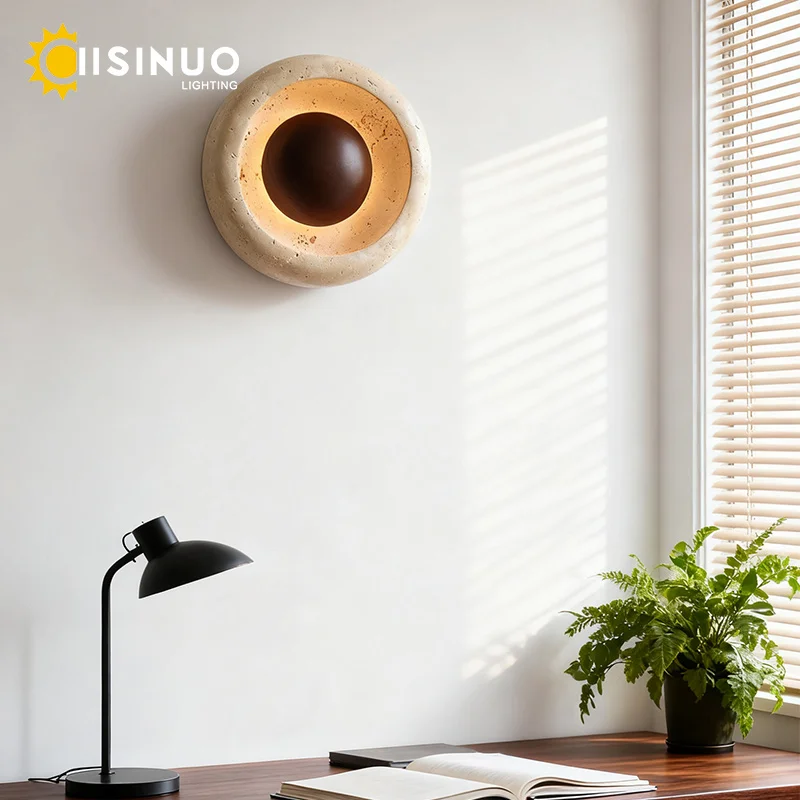 

Wabi Sabi Style Bedside Wall Lamp D20cm LED Creative Yellow Travertine Natural Stone Lights for Bedroom Corridor Entryway Decora