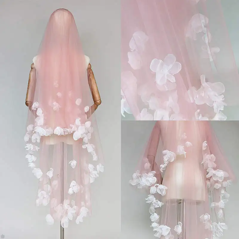 

Pink Wedding Veils Applique Flowers Fingertip Veil One-Layer Wedding Veils With Comb Bridal Veil Headscarf High Quality