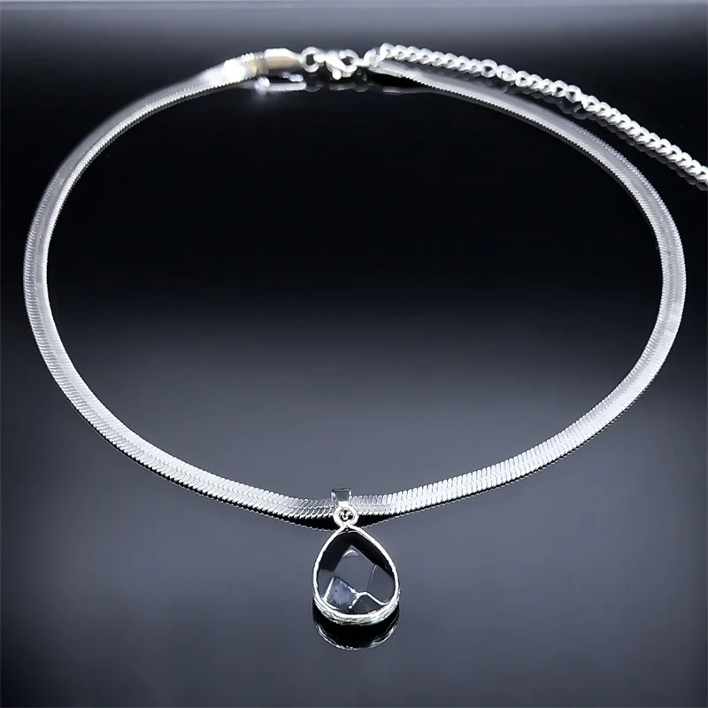 Gothic Water Drop Black Obsidian Necklace Women Stainless Steel Clavicle Snake Chain Choker Natural Stone Necklaces Kpop Jewelry