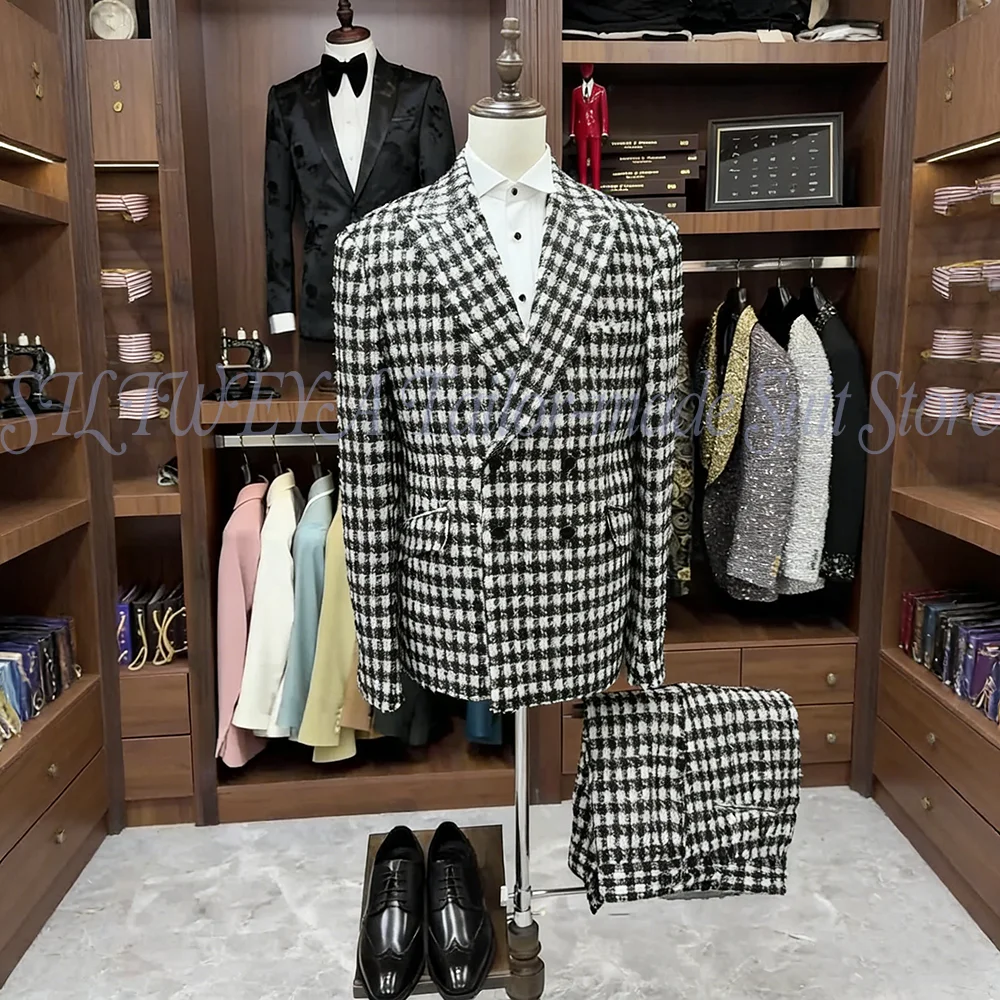

Houndstooth Tweed Suit for Men Double Breasted Formal Business Casual High Quality Retro Gentleman Autumn Winter Blazer Set
