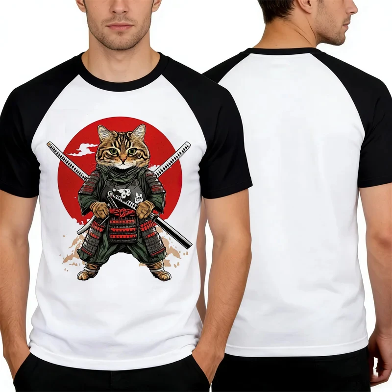

Fun Samurai Cat 3D Print Men's T Shirt Street Trend Short Sleeve Top Casual Versatile Loose Pullover Fashion O-neck Men Clothing