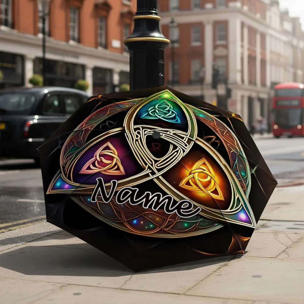 Custom Name Umbrella Colorful Celtic Knot Mystical Symbol Print Folding Umbrella Portable Travel Parasol For Culture Fan