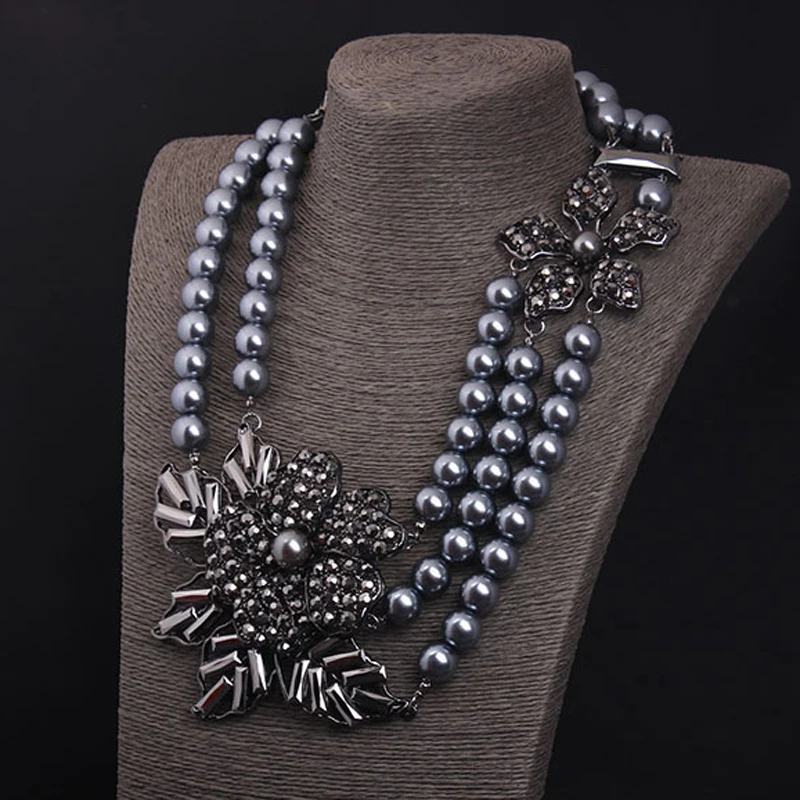 Ethnic Jewelry Big Statement Black Flower Gray Faux Pearl Beads Multi Strand Layered Bib Choker Collar Necklace for Women Party