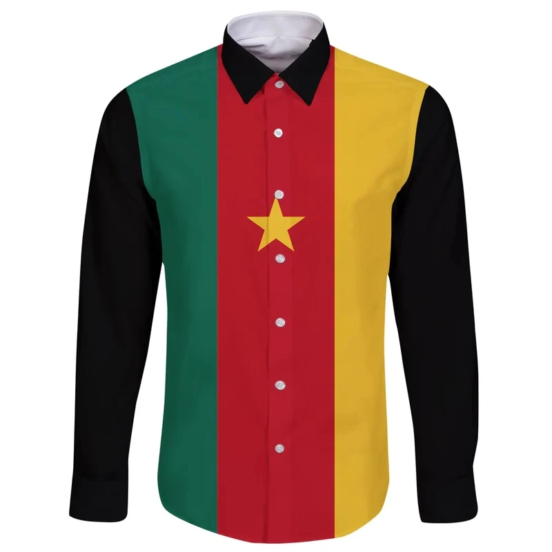 

Africa Cameroon Flag Map Graphic Long Sleeve Shirt National Emblem Lion Shirts For Men Clothes Casual Lapel Blouse Male Blouses