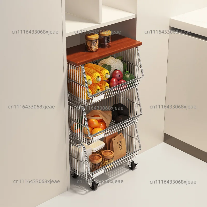 304 stainless steel trolley rack, kitchen household fruits and vegetables embedded in the vegetable basket storage mobile rack