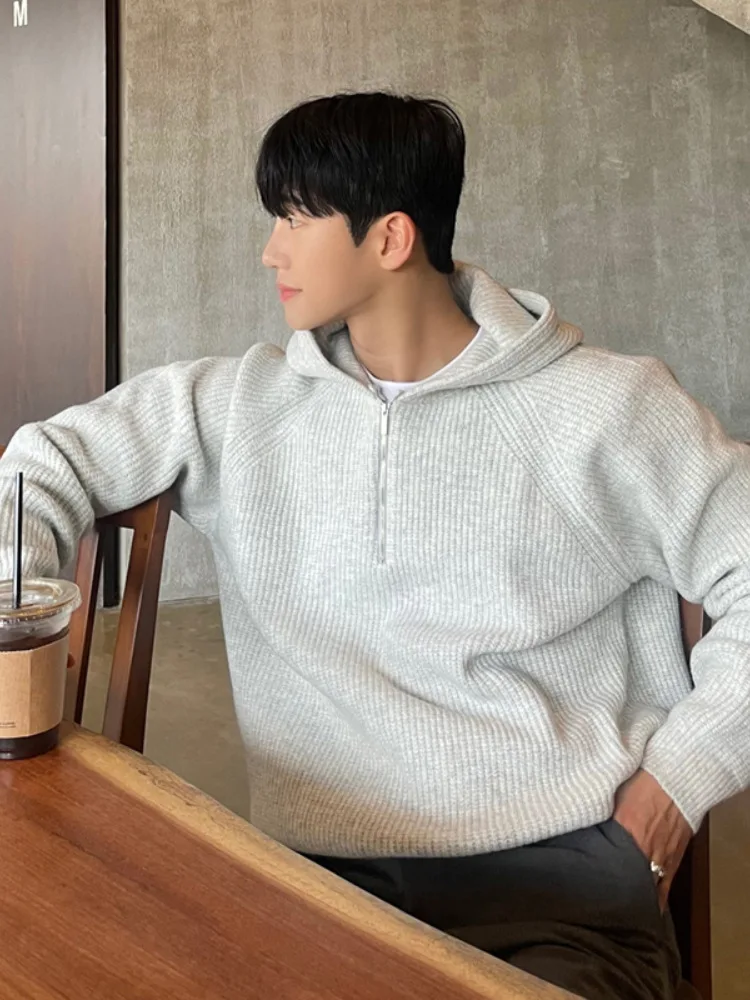 Spring Autumn Half-Zip Hooded Thick Knit Sweater Men's Streetwear Casual Outerwear