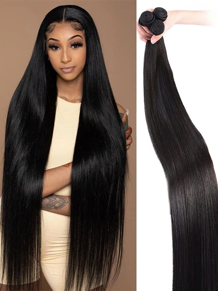 Mèches Brésiliennes Remy Lisses 3/4 Naturelles Noires 28 30 32 Pouces, Extensions de Cheveux à Double Trame pour Femme, 100%