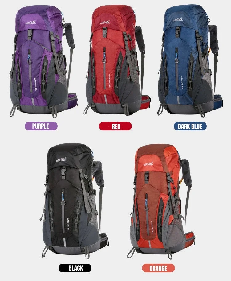 Mochila impermeable de gran capacidad para acampar, bolsa de viaje ultraligera con tapa de lluvia, para senderismo y montañismo al aire libre, 60L