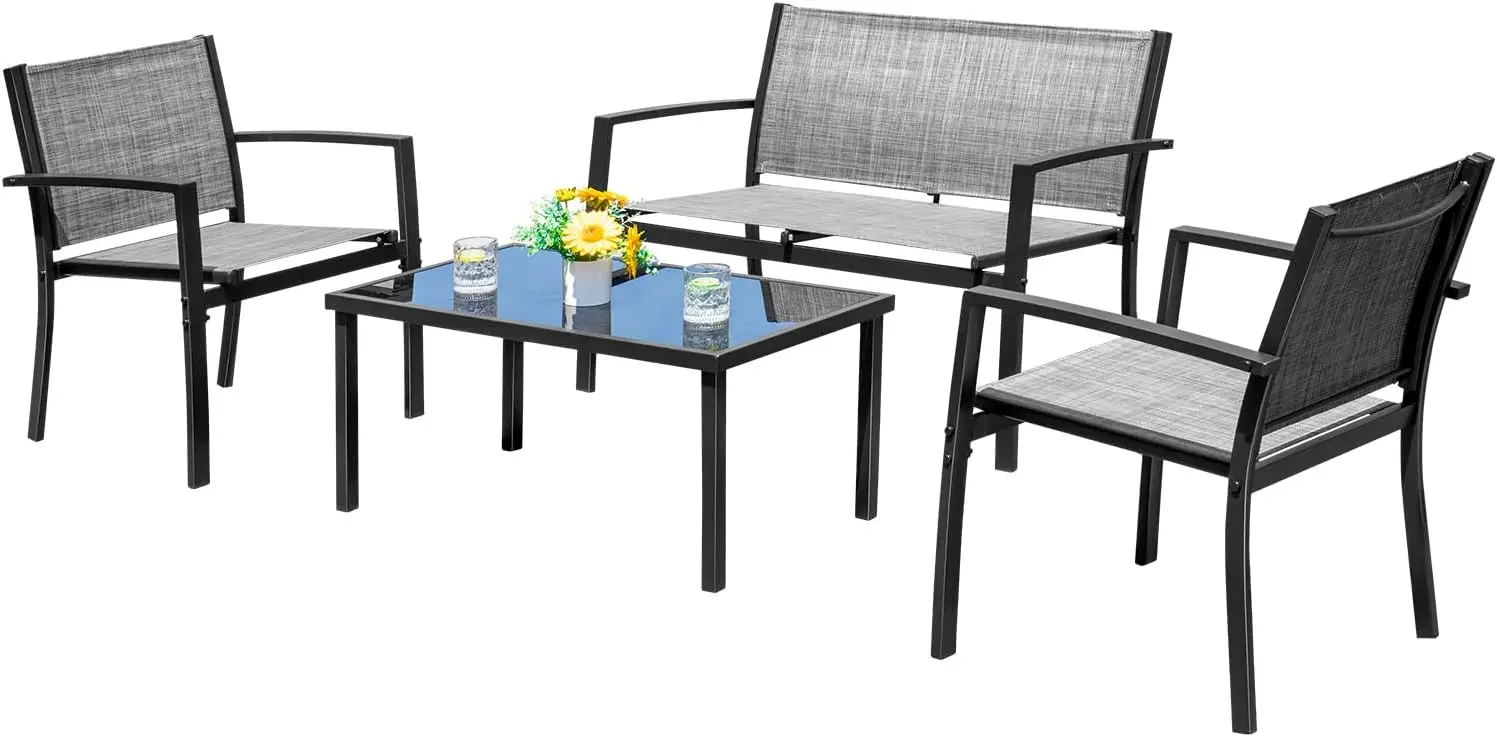 

4-Piece Outdoor Patio Furniture Set with Glass Coffee Table - Grey, Perfect for Garden, Poolside & Porch