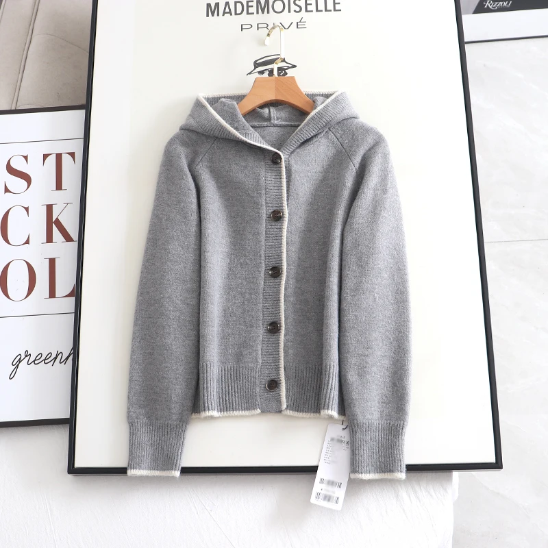 Simply college style solid color hooded casual knit cardigan women's new sweater coat for autumn and winter office lady tops