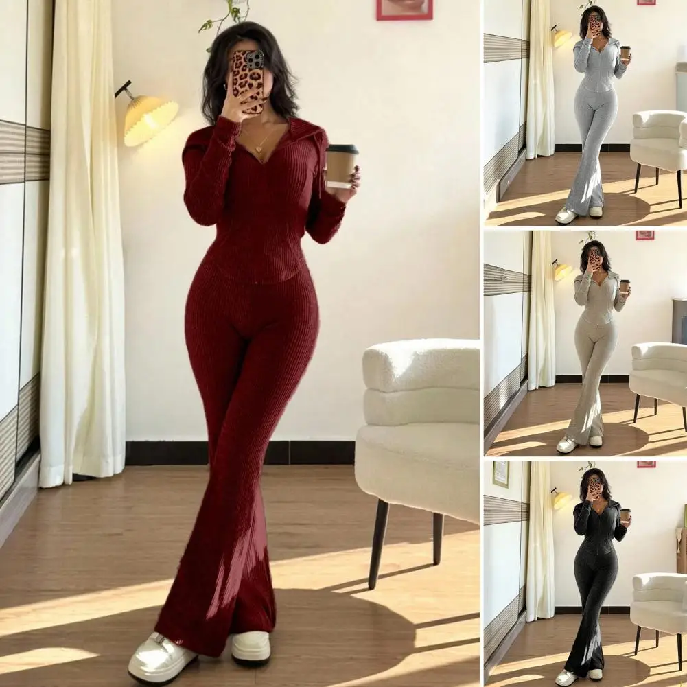 Women's 2 Piece Sweatsuits Zip Up Hoodies And Bell Bottom Pants Ribbed Knit Outfits Sexy Bodycon Workout Tracksuits  여성 트랙스루트 view 5