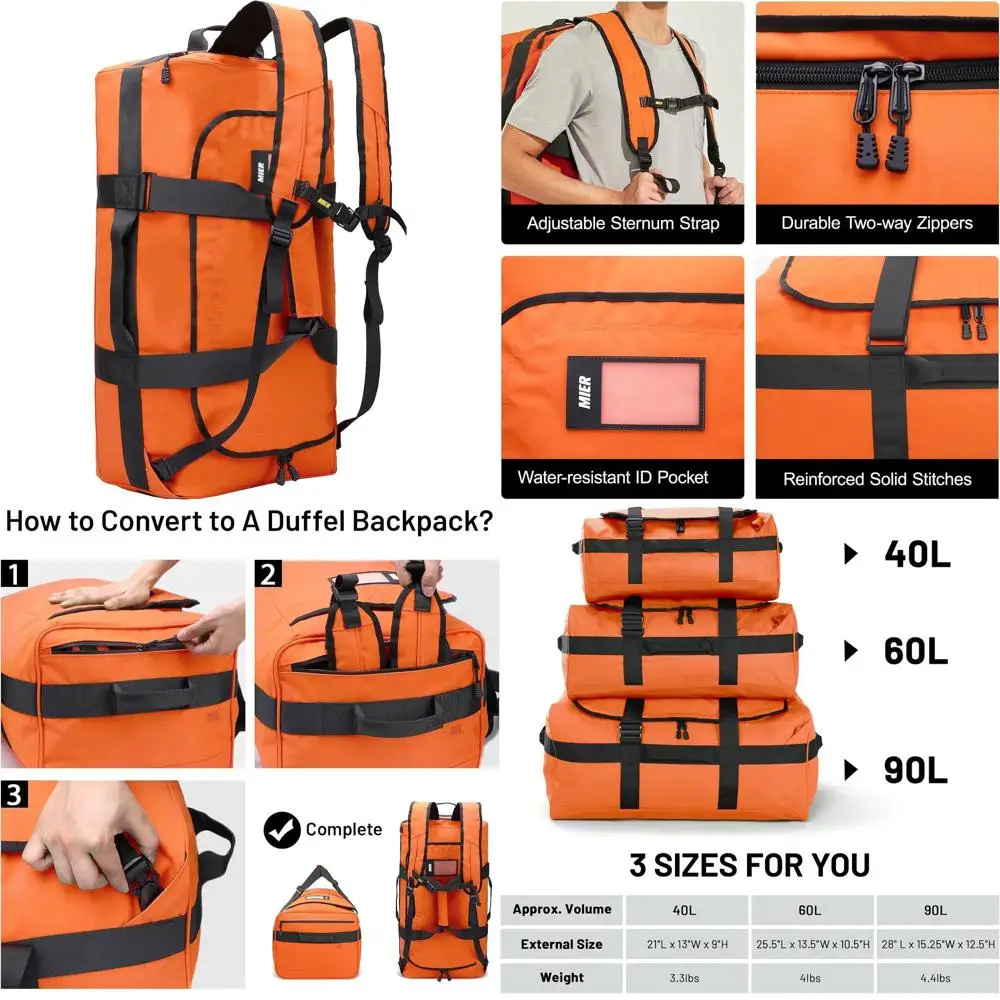 

Water-Resistant Heavy-Duty Convertible Duffle Bag with Backpack Straps for Gym, Sports, and Travel