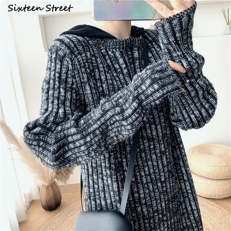 Chic Vintage Hooded Sweater Dress Women Autumn Thicken Knitted Dresses Ladies Oversized Elegant Long Woolen Vestido Winter