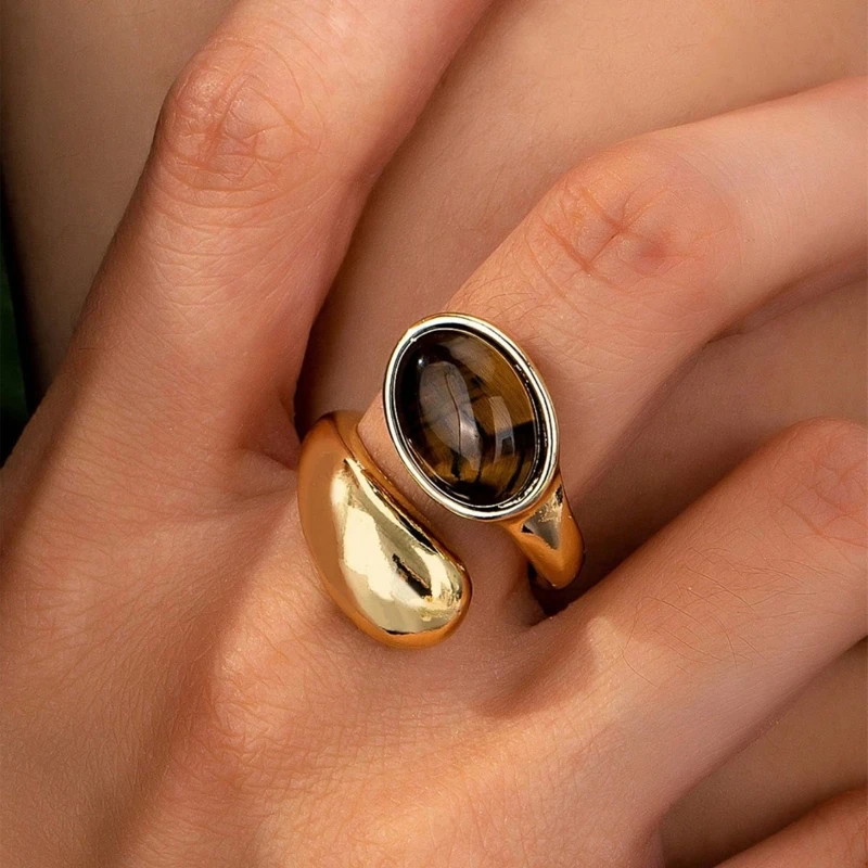 Retro Elegant Tiger Eye Stone Water Droplet Geometry Open Ring for Women Men Stainless Steel Daily Versatile Party Jewelry Gift