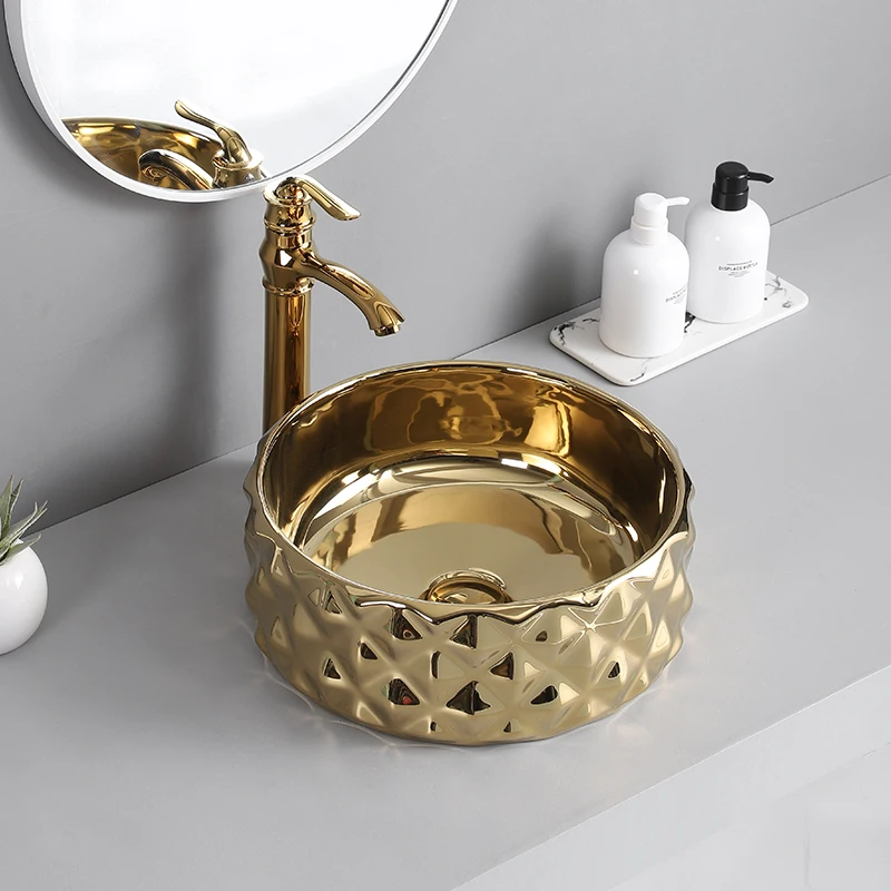 Bathroom Washbasin Ceramic Countertop Gold Sink Wash Basin 40cm Round Mini Vessel Sink Hotel Washroom Accessories Free Faucet