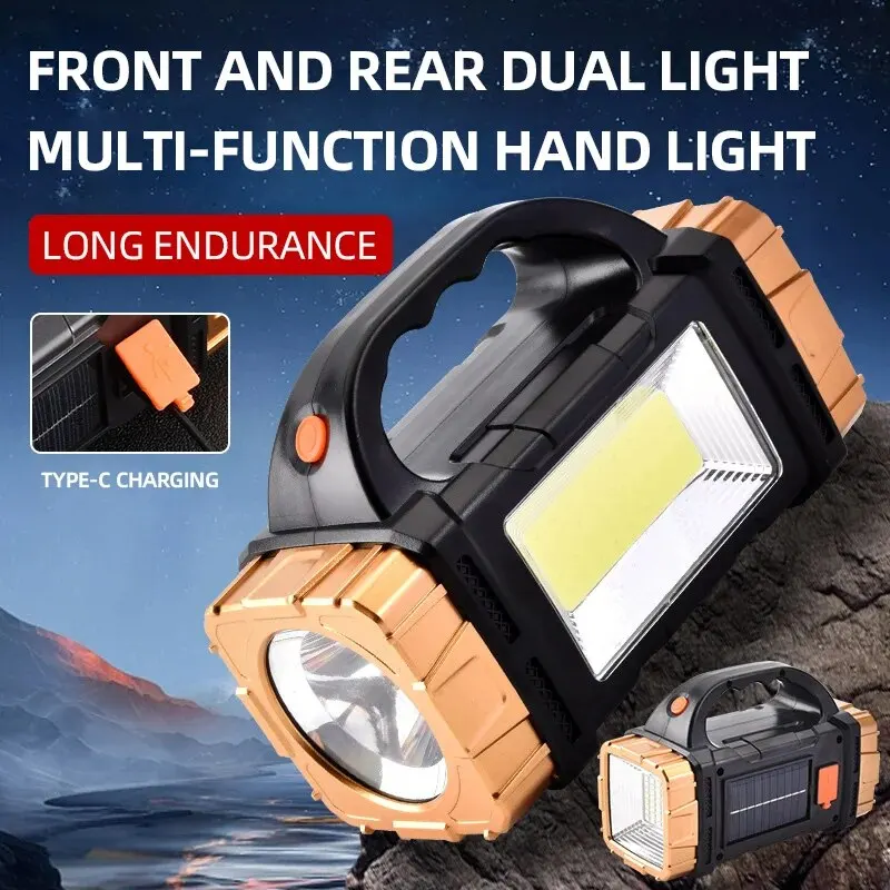 Portable Powerful Solar LED Flashlight With COB Work Lights USB Rechargeable Handheld 4 Lighting Modes Outdoor Solar Torch Light