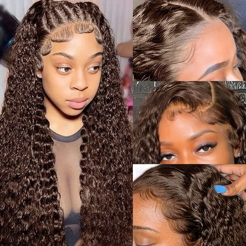 200 Density Chocolate Brown 13X6 Human Hair Wigs Deep Water Wave 13x4 Frontal Wig Indian Curly #4 Colored Human Hair Wigs