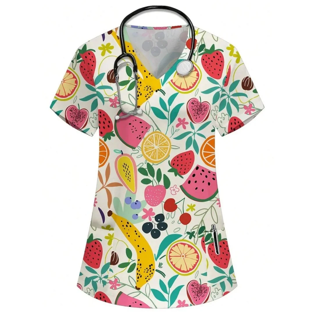 Vestido Clínico Feminino 2026 com Estampa de Desenho Animado, Decote em V, Manga Curta, Confortável e Moderno – Blusa Feminina para Enfermeiras e Cirurgias