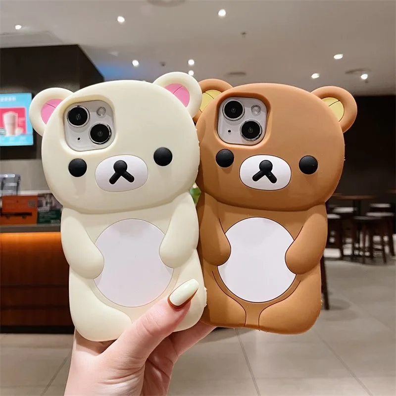 For iPhone X XS XR 7 8 SE 16 15 Pro Max 14 Plus 13 Pro 12 Mini 11 3D Rilakkuma Bear Cartoon Silicon Back Couple Soft Phone Case