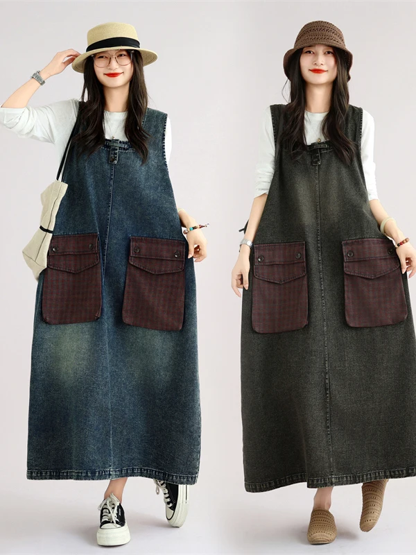 Retro Large Pocket Patchwork Denim Loose Slimming Mid-Length Dress Casual Washed Natural Waist Cotton 100% Women's Clothing