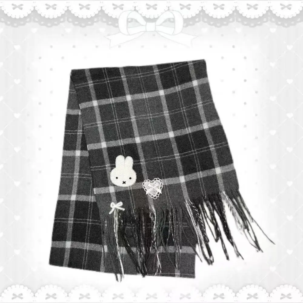 

Miffy клетчатый шарф серый с 3D нашивкой в виде кролика, кружевной декор в форме сердца, теплый мягкий шарф для женщин, зимний модный аксессуар