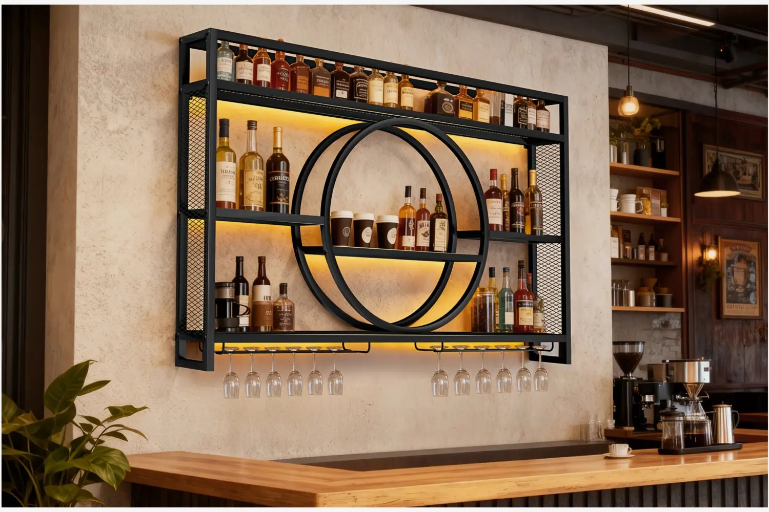 

Stylish 3-Tier Wall-Mounted Metal Wine Rack & Bar Shelf – Heavy-Duty Steel Construction, Integrated Glass Hanger, Space-Saving Design for Living Room, Dining Area or Home Bar Setup. Easy Assembly with Included Hardware, Adjustable Spacing Fits Most Standa