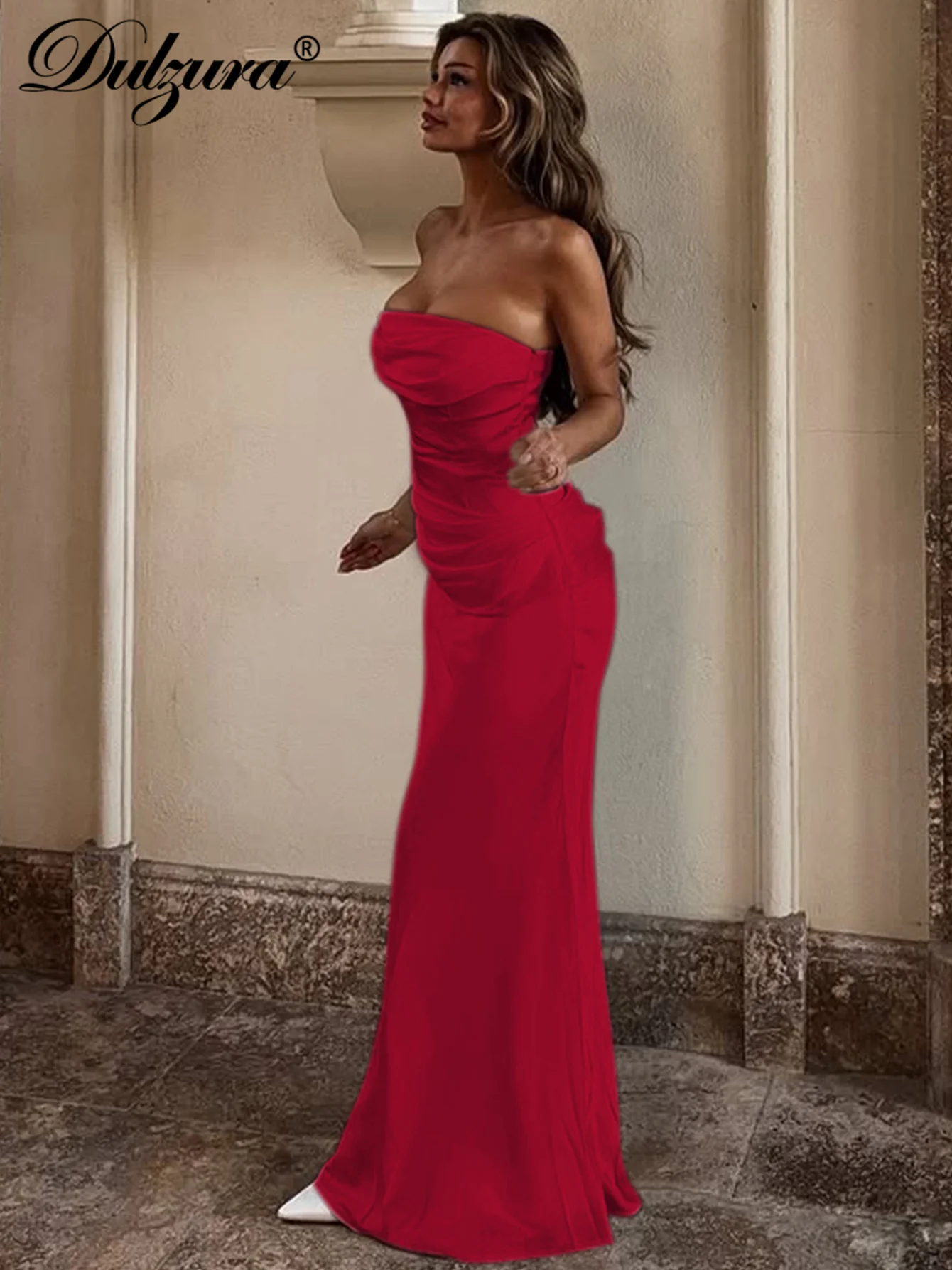 เดรสยาวผ้าซาตินรัดรูปทรงเข้ารูป ซิปหลัง ผ้ารัช ดีไซน์เซ็กซี่หรูหรา เหมาะสำหรับงานปาร์ตี้ คลับ งานพรอม เสื้อผ้าฤดูร้อน