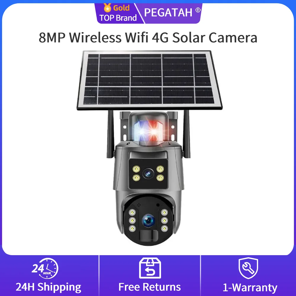 

PEGATAH 8MP 4G Wifi Solar Camera Wireless Outdoor Dual Screen 4K Human Detect Auto Tracking 360° Surveillance Cam Ubox APP