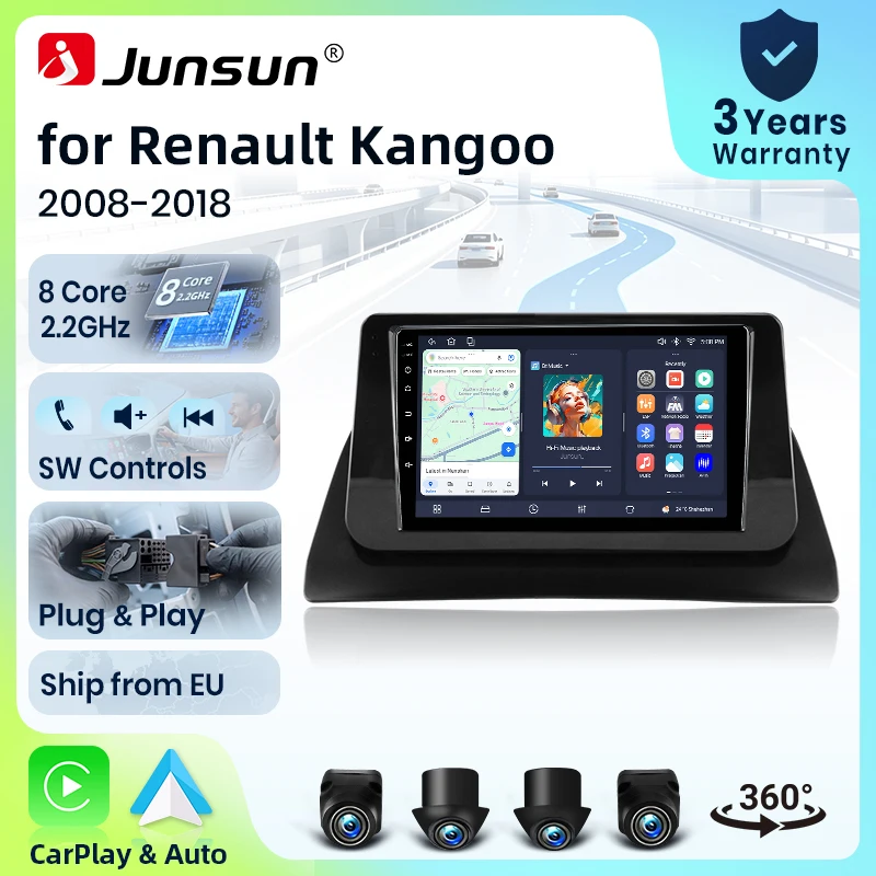 Autoradio Junsun 8 cœurs 4G WiFi pour Renault Kangoo 2008, écran IPS, CarPlay, Android Auto, GPS, Navi, stéréo, SWC, BT, FM, AM, RDS, DSP, 2Din, Mirror Link, lecteur multimédia, commande vocale AI, caméra 360, mise à jour OTA en option, unité principale
