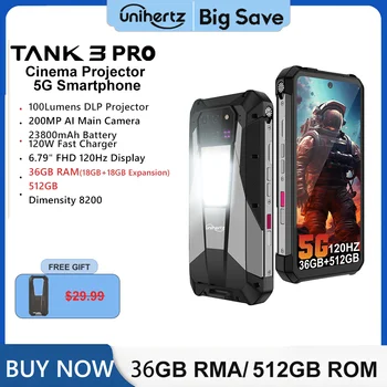Unihertz Tank 3 Pro 8849 5G 프로젝터 스마트폰 Android 14 전화 크기 8200 36GB 512GB 글로벌 버전은 WiFi 6 NFC를 지원합니다