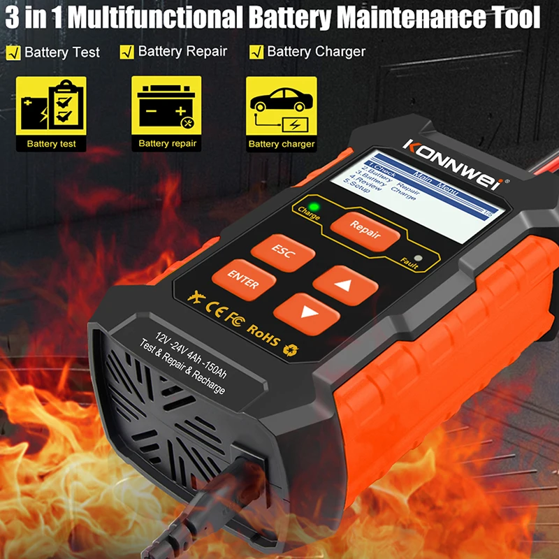 

KONNWEI KW520 12В 24В 5А 10А Автоматический тестер-зарядное устройство для грузовых и легковых аккумуляторов, импульсный восстановитель для свинцово-кислотных, AGM, гелевых и литиевых батарей