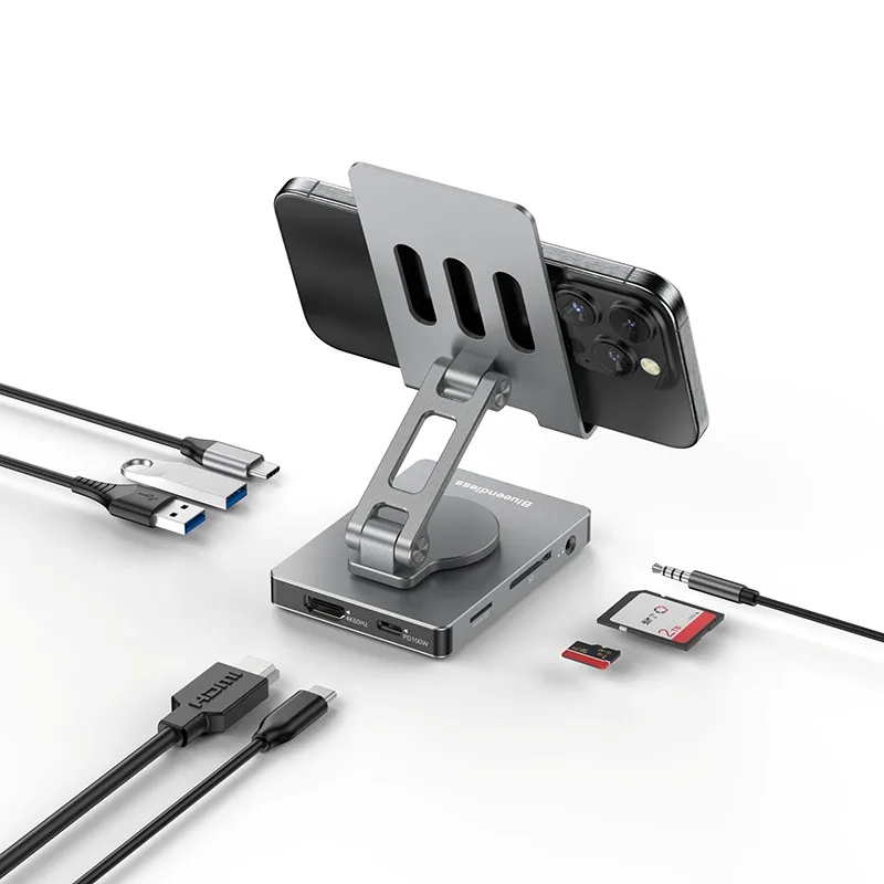 Adjustable Height Mobile Phone Holder Stand 8In1 8 Port 8 In 1 Multiport USB-C USB C Hub Type C to USB3.0 4K HDTV PD Adapter Hub