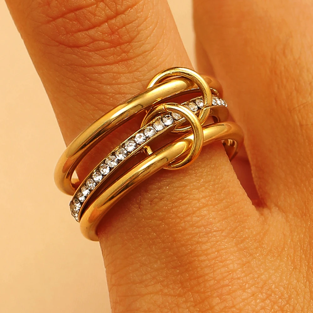 Goldfarbene ineinandergreifende Ringe, mehrschichtiger Edelstahl, Damenring, Stapel-Set, Zirkon, trendige Mode, täglicher, vielseitiger Schmuck