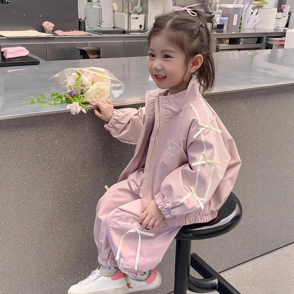 Baby Girls Windbreaker Clothes Sets 2026 Autumn Kids Cute Bow Pink Jacket+Pants 2Pcs Toddler Princess Outfits Children Tracksuit