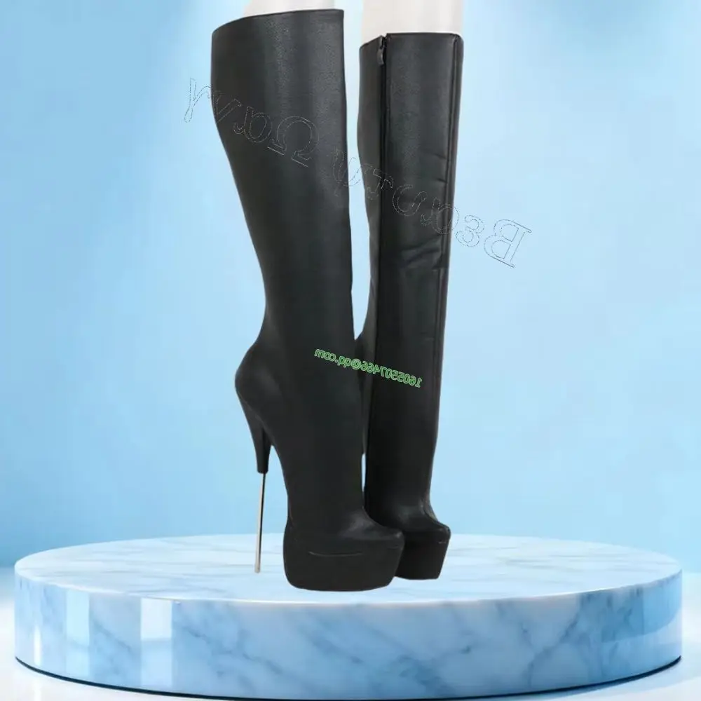 Black Metal Heel Model Style Platform Boots Knee High Spike High Heel Shoes Solid Sexy Women Shoes New Zapatos Para Mujere